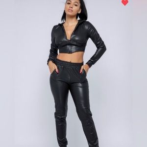 Faux leather two-piece crop top jogger set